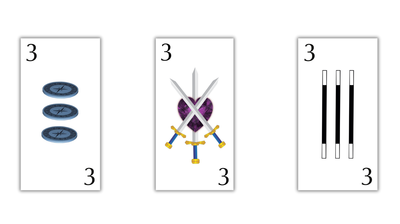 there three there, Lucky I do tarot, the purple heart, three of swords, three of wands, three of coins